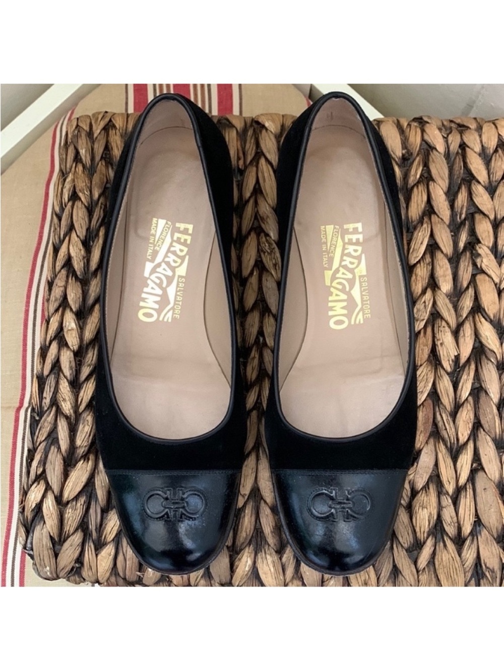 Salvatore Ferragamo Genuine Calf Suede and Leather Logo Front Agile Pumps